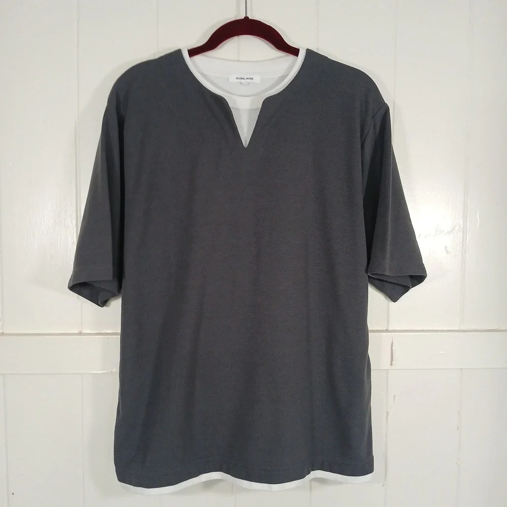 Global Work Layered T-Shirt Mens Size M Grey White Split Neck GW232076AD
